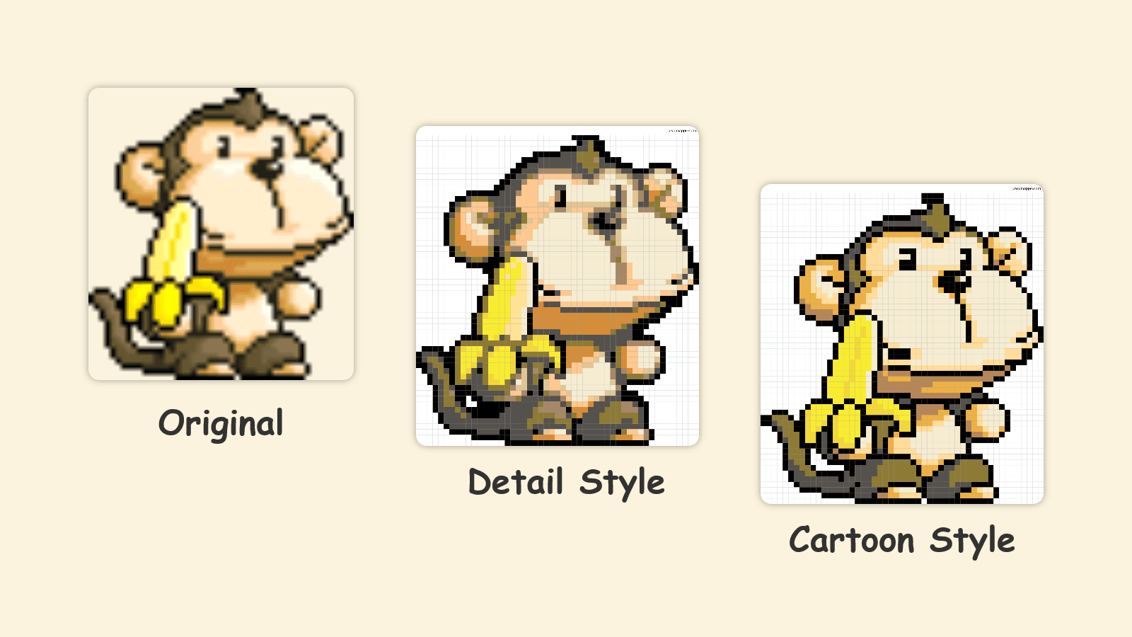 Perler bead pattern comparison showing dithering effects and pixel art style options for fuse bead designs